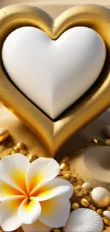 Golden heart and flower on sandy beach background.