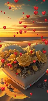 Golden heart with roses on a sunset beach background.