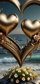 Golden heart sculpture on a beach with flowers.