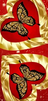 Golden butterflies with red hearts on elegant wallpaper.