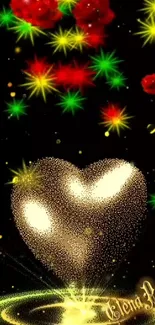 Golden heart with vibrant fireworks on black background.