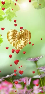 Golden heart with red hearts among daisies and leaves on green background.