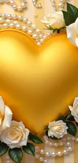 Golden heart with white roses and pearls in elegant design.