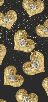 Golden hearts with gemstones on a black background wallpaper.