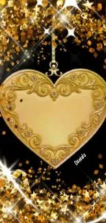 Golden heart with glitter and stars on black background.