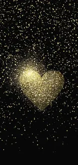 Golden heart glitter design on black wallpaper.