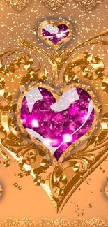 Golden heart wallpaper with purple glitter accents.