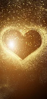 Golden heart glowing effect mobile wallpaper with shimmering details.