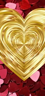 Golden layered heart on red and pink background.