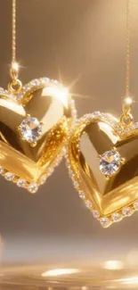 Golden heart jewelry with diamonds, luxurious wallpaper.