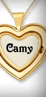 Golden heart locket with personalized name 'Camy' inscribed inside.