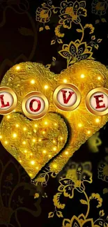 Golden heart with 'LOVE' in lights on floral background.