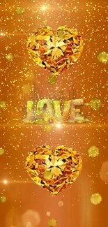 Golden heart love wallpaper with orange background and sparkling gemstones.