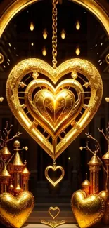 Golden heart design on mobile wallpaper with elegant details.