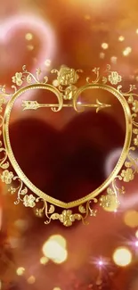 Golden heart wallpaper with warm bokeh background.