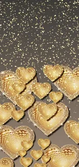 Gold hearts wallpaper with dark background, elegant and luxurious design.