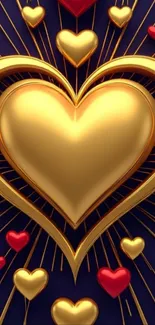 Golden heart surrounded by red and gold accents on dark background.