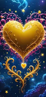 Glowing golden heart in a starry night sky
