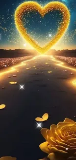 Golden heart with glowing path and roses under a night sky.