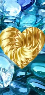 Gold heart on blue stones for mobile wallpaper.