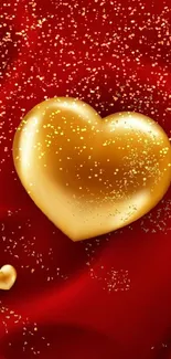 Golden heart on luxurious red silk wallpaper.