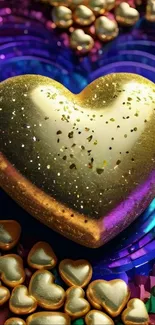 Golden heart on vibrant colorful background.