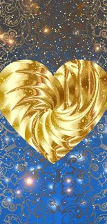 Golden heart design on ornate blue wallpaper background.