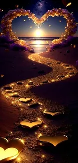 Golden heart-shaped path glowing under a starry night sky.