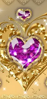 Golden and purple heart pattern mobile wallpaper.