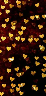 Golden heart pattern on dark red background wallpaper.