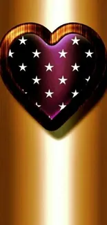 Golden heart with stars on a purple background in a mobile wallpaper design.