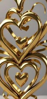 Golden heart-shaped metal sculptures on display.