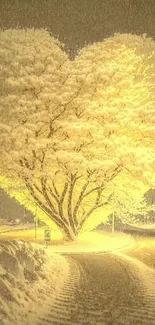 Heart-shaped tree glowing in the snow with golden light at night.