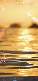 Golden sunset with heart sparkles over water.