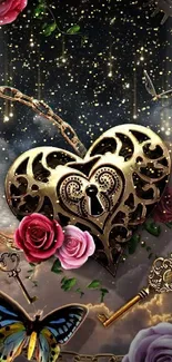 Surreal wallpaper with golden heart lock, roses, and night sky.