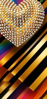 Jeweled golden heart on multicolored striped background.