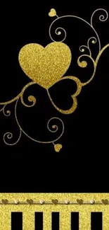 Gold heart design on black wallpaper with luxury detail.