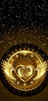 Golden heart with wings on a dark background, elegant wallpaper design.