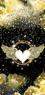 Golden heart with wings on a starry background.