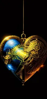 Golden heart with cosmic gears on black background, elegant and futuristic design.