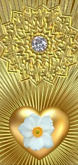 Golden heart wallpaper with floral and ornate diamond design.