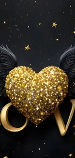 Golden heart with wings on starry background.