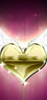 Golden heart with wings on a pink-purple gradient background.