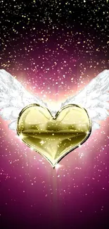 Golden heart with wings on purple background mobile wallpaper.