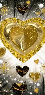 Golden hearts with sparkling glitter on a radiant background.