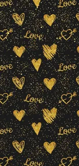 Black wallpaper with golden hearts and love typography.