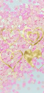 Golden hearts pattern on pink confetti background mobile wallpaper.