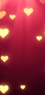 Mobile wallpaper of glowing golden hearts on a deep red background, creating a romantic aura.