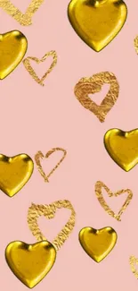 Mobile wallpaper with golden hearts on a pink background.