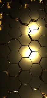 Golden hexagonal abstract background with reflective surface.